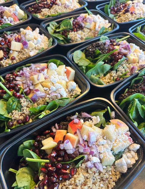Honeycrisp Apple Salad with mixed greens, quinoa, Beluga lentils, Honeycrisp apples, bell peppers, pomegranate, vegan feta, toasted almonds, and lime dressing.
