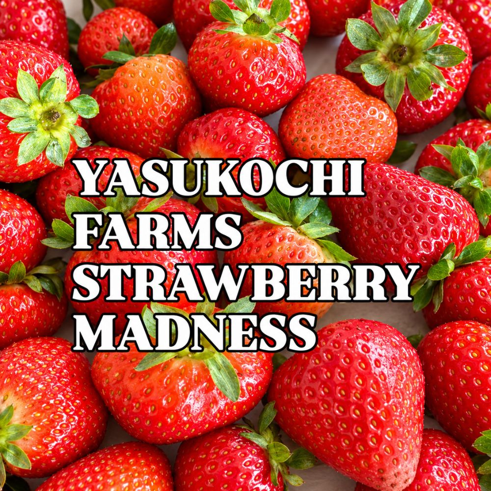 Close-up of fresh, bright red strawberries with green leaves, featuring bold text reading ‘Yasukochi Farms Strawberry Madness.